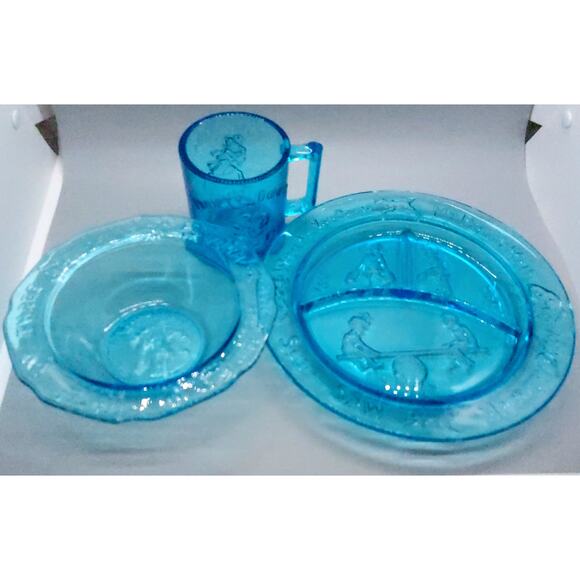Vintage Tiara Glass Mother Goose 3 Piece Nursery Rhyme Dish Set Aqua Blue EUC - Picture 3 of 12